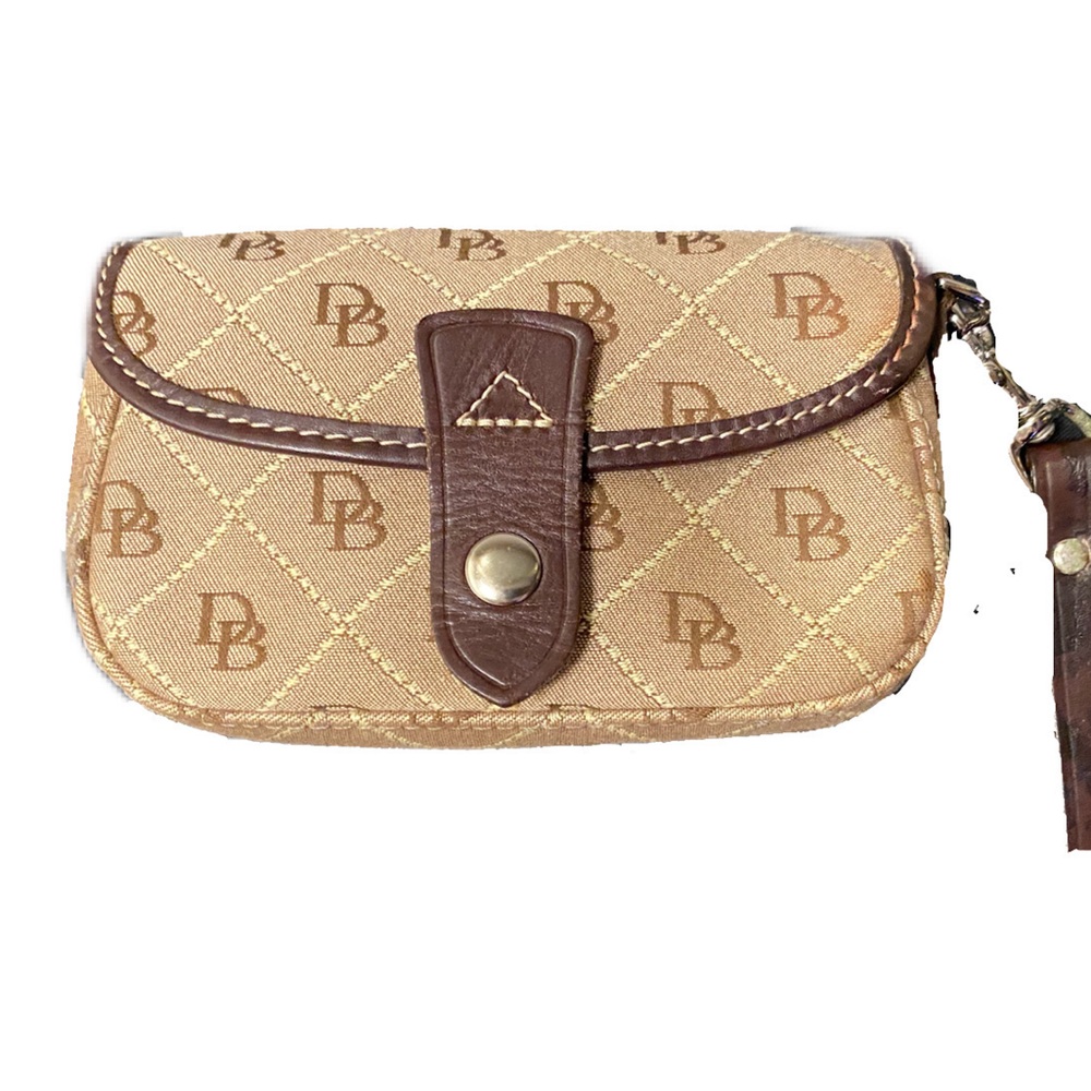 Dooney & Bourke Signature DB Logo Brown Wristlet Pouch Snap Front Leather Strap